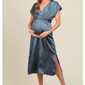 Pink Blush Blue Satin V-Neck Fringe Detail Maternity Midi Dress